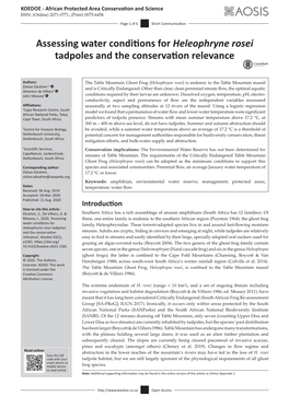 Assessing Water Conditions for Heleophryne Rosei Tadpoles and the Conservation Relevance