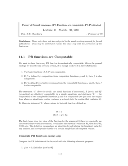 PR Functions Are Computable, PR Predicates) Lecture 11: March