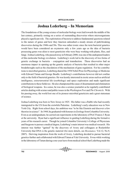Joshua Lederberg – in Memoriam