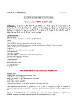 MAIRIE DE CHAMPCEVINEL REUNION DU SECTEUR SOCIETE 03/21 Participants : C. Lecomte, N. Montet, JL. Chéron, C. Malavergne, M