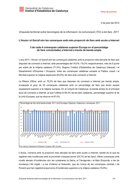 Idescat. Nota De Premsa. Enquesta Territorial Sobre Tecnologies De La