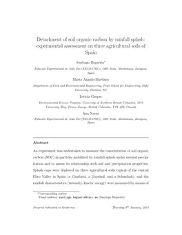 Detachment of Soil Organic Carbon by Rainfall Splash: Experimental Assessment on Three Agricultural Soils of Spain