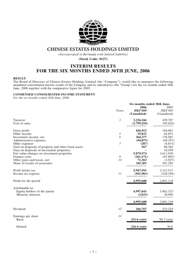 Interim Results for the Six Months Ended 30Th June, 2006