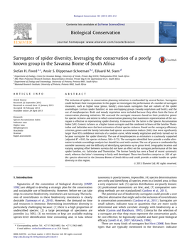 Surrogates of Spider Diversity, Leveraging the Conservation of a Poorly Known Group in the Savanna Biome of South Africa ⇑ Stefan H