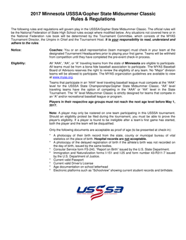 2017 Minnesota USSSA/Gopher State Midsummer Classic Rules & Regulations