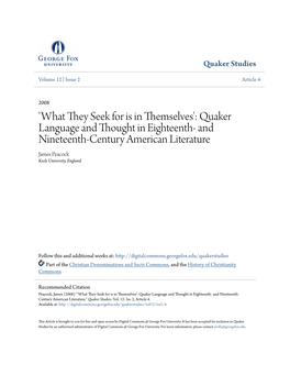 Quaker Language and Thought in Eighteenth- and Nineteenth-Century American Literature James Peacock Keele University, England