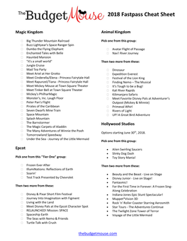 2018 Fastpass Cheat Sheet