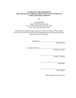 Patrolling the Homefront: the Emotional Labor of Army Wives Volunteering in Family Readiness Groups