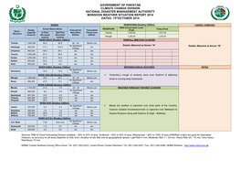 GOVERNMENT of PAKISTAN CLIMATE CHANGE DIVISION NATIONAL DISASTER MANAGEMENT AUTHORITY MONSOON WEATHER SITUATION REPORT 2014 DATED: 15Thoctober 2014