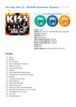 Kiss Kiss Alive 35 - 06/10/08 Mannheim, Germany Mp3, Flac, Wma