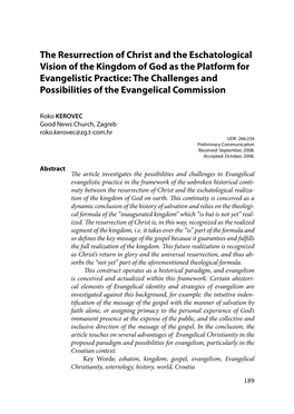 The Resurrection of Christ and the Eschatological Vision of the Kingdom of God As the Platform for Evangelistic Practice: the Ch