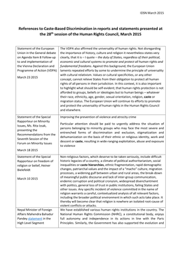 References to Caste-Based Discrimination in Reports and Statements Presented at the 28Th Session of the Human Rights Council, March 2015