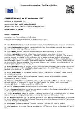 CALENDRIER Du 7 Au 13 Septembre 2015