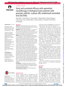 Early and Sustained Efficacy with Apremilast Monotherapy in Biological-Naïve Patients with Psoriatic Arthritis