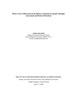 Thirty Years of Research in the History of Islamic Economic Thought: Assessment and Future Directions