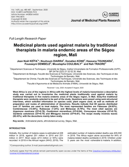 Medicinal Plants Used Against Malaria by Traditional Therapists in Malaria Endemic Areas of the Ségou Region, Mali