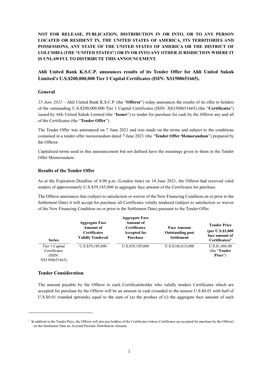 Ahli United Bank K.S.C.P. Announces Results of Its Tender Offer for Ahli United Sukuk Limited’S U.S.$200,000,000 Tier 1 Capital Certificates (ISIN: XS1508651665)