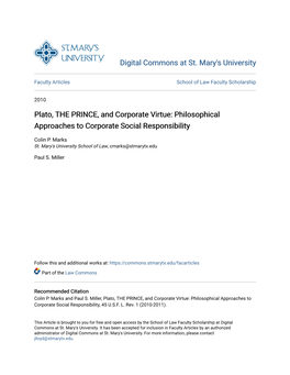 Plato, the PRINCE, and Corporate Virtue: Philosophical Approaches to Corporate Social Responsibility