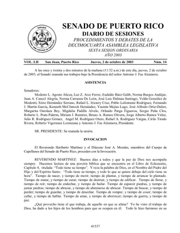 Senado De Puerto Rico Diario De Sesiones Procedimientos Y Debates De La Decimocuarta Asamblea Legislativa Sexta Sesion Ordinaria Año 2003 Vol