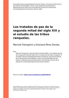 Los Tratados De Paz De La Segunda Mitad Del Siglo XIX Y El Estudio De Las Tribus Ranqueles