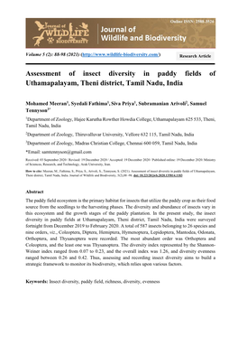 Assessment of Insect Diversity in Paddy Fields of Uthamapalayam, Theni District, Tamil Nadu, India