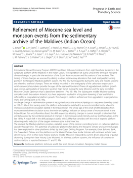 Refinement of Miocene Sea Level and Monsoon Events from the Sedimentary Archive of the Maldives (Indian Ocean) C