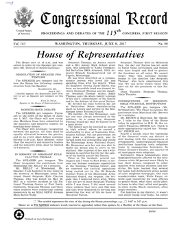 Congressional Record United States Th of America PROCEEDINGS and DEBATES of the 115 CONGRESS, FIRST SESSION