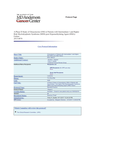 A Phase II Study of Omacetaxine (OM) in Patients with Intermediate-1 and Higher Risk Myelodysplastic Syndrome (MDS) Post Hypomethylating Agent (HMA) Failure 2013-0870