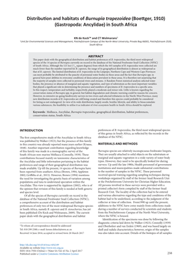 Distribution and Habitats of Burnupia Trapezoidea (Boettger, 1910) (Gastropoda: Ancylidae) in South Africa