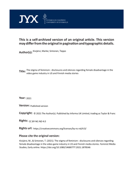 The Stigma of Feminism: Disclosures and Silences Regarding Female Disadvantage in the Video Game Industry in US and Finnish Media Stories