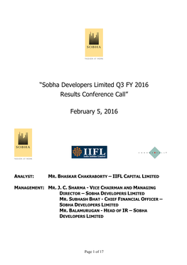 Sobha Developers Limited Q3 FY 2016 Results Conference Call”
