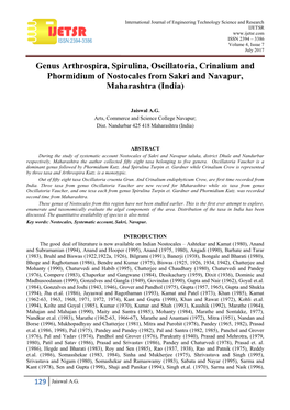 Genus Arthrospira, Spirulina, Oscillatoria, Crinalium and Phormidium of Nostocales from Sakri and Navapur, Maharashtra (India)