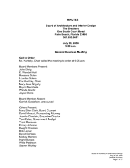 MINUTES Board of Architecture and Interior Design the Breakers One South Court Road Palm Beach, Florida 33480 561.655.6611 July