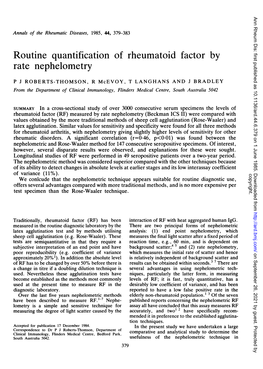 Routine Quantification of Rheumatoid Factor by Rate Nephelometry