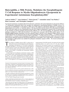 Butyrophilin, a Milk Protein, Modulates the Encephalitogenic T Cell Response to Myelin Oligodendrocyte Glycoprotein in Experimental Autoimmune Encephalomyelitis1