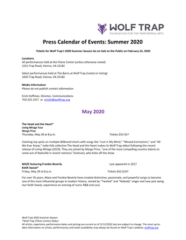 Press Calendar of Events: Summer 2020