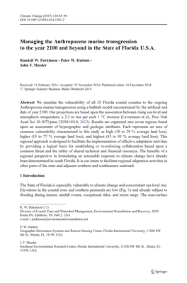 Managing the Anthropocene Marine Transgression to the Year 2100 and Beyond in the State of Florida U.S.A