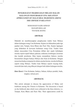 Penghayatan Tradisi Lisan Melayu Dalam Kalangan Masyarakat Cina Kelantan Appreciation of Malay Oral Traditions Among the Chinese in Kelantan