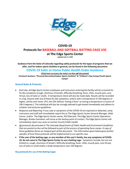 COVID-19 Protocols for BASEBALL and SOFTBALL BATTING CAGE USE at the Edge Sports Center Updated July 17, 2020