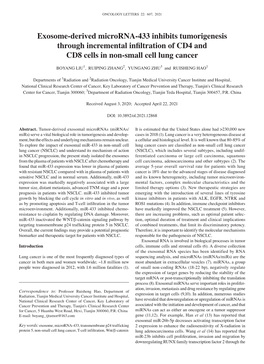 Exosome‑Derived Microrna‑433 Inhibits Tumorigenesis Through Incremental Infiltration of CD4 and CD8 Cells in Non‑Small Cell Lung Cancer