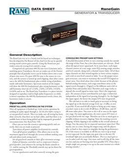 Raingain Generator & Transducer Data Sheet