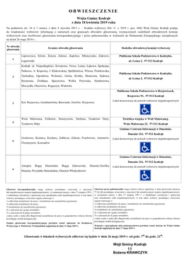OBWIESZCZENIE Wójta Gminy Kodrąb Z Dnia 18 Kwietnia 2019 Roku