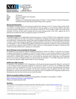 Guidance for Troubled Debt Restructurings for March 31-June 30 Statutory Financial Statements and Related Interim Risk-Based Capital Filings (Where Required)