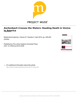 Aschenbach Crosses the Waters: Reading Death in Venice in America