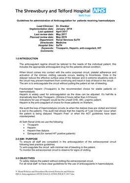 Guidelines for Administration of Anticoagulation for Patients Receiving Haemodialysis Lead Clinician