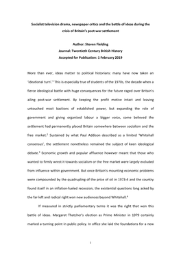 Socialist Television Drama, Newspaper Critics and the Battle of Ideas During the Crisis of Britain’S Post-War Settlement