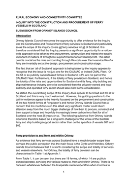 1 Rural Economy and Connectivity Committee Inquiry Into the Construction and Procurement of Ferry Vessels in Scotland Submission