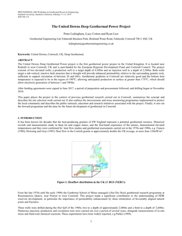 United Downs Deep Geothermal Power Project, UK. Project Update
