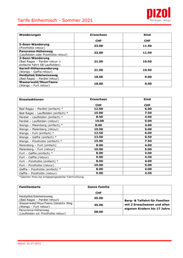 Tarife Einheimisch - Sommer 2021