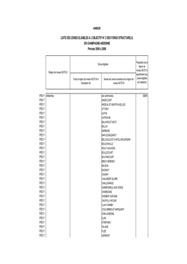 LISTE DES ZONES ELIGIBLES a L'objectif N° 2 DES FONDS STRUCTURELS, EN CHAMPAGNE-ARDENNE Période 2000 À 2006